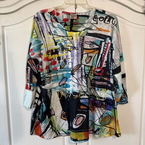 ET Lois Blouse Art To Wear Colorful 3/4 Sleeve Abstract, Size Medium - Picture 1 of 10